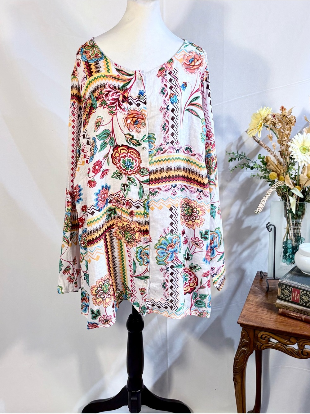 H Halston 100% Linen Floral Boho Button Front Roll Tab Sleeve Tunic Top 3X💚 - Picture 2 of 10